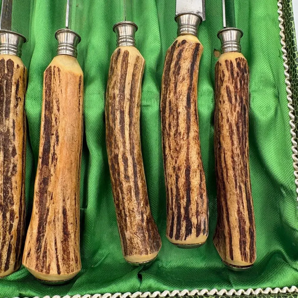 Vintage Anton Wingen Jr. Solingen Carving Steak Knives Stag Horn Handles Steel